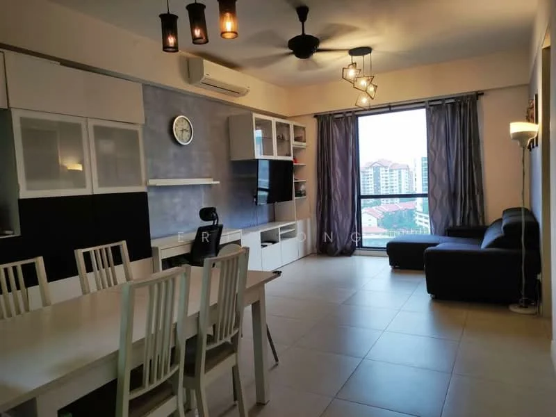 Living features: grey fabric sofa, white dining table with 6 chairs, wall-mounted TV, black TV console, white cabinetry with glass doors, ceiling fan, recessed downlights, floor-to-ceiling windows, curtains, light-colored tile flooring, air conditioning unit; style: modern; view: city.