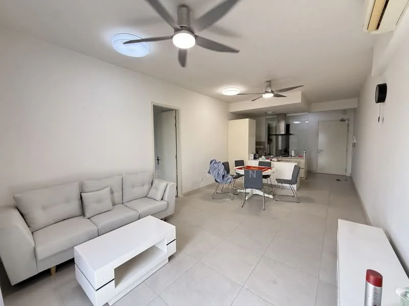 Living features: light grey fabric sofa, white coffee table, 4-seater dining table with white top, metal dining chairs with grey upholstery, 2 ceiling fans with integrated lights, white painted walls, tile flooring, recessed ceiling lights, open layout to kitchen, air conditioning unit on wall; style: modern.