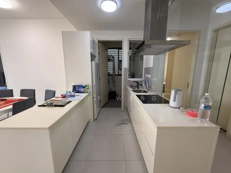 Kitchen features: white cabinetry, marble countertop, stainless-steel sink, chrome pull-down faucet, built-in oven, freestanding range oven, microwave, refrigerator, tile flooring, recessed downlights, open shelving, water dispenser, kettle; style: modern.