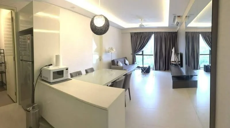 Living features: grey fabric sofa, glass coffee table, wall-mounted TV, TV console, recessed downlights, ceiling fan, floor-to-ceiling windows, curtains, light-colored tiled flooring, decorative wall art, open-plan layout with kitchen, dining table with chairs; style: modern. Kitchen features: white cabinetry, stainless-steel fridge, microwave, glass countertop, kitchen island with seating, sink, chrome faucet; style: modern.