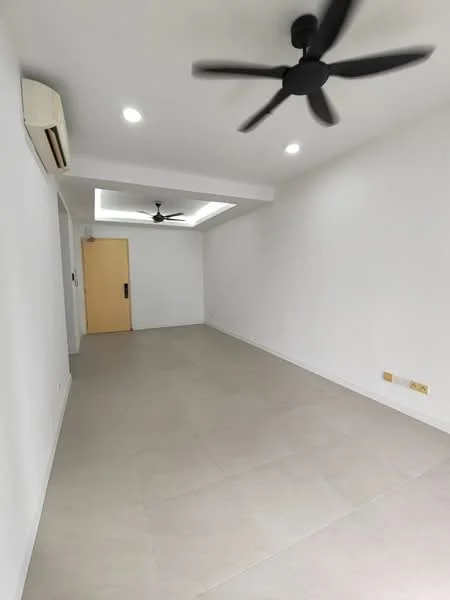 Room features: white painted walls, tile flooring, 5-blade ceiling fan with light, recessed downlights, wall-mounted split AC, door leading to another room, neutral color scheme, open layout; style: modern.