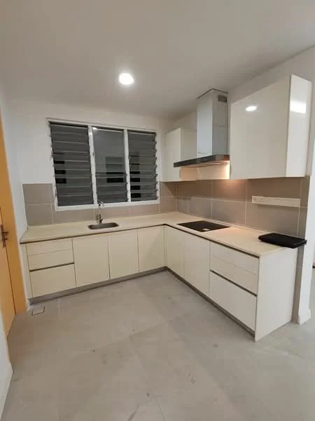 Kitchen features: white cabinetry, light-colored countertop, stainless-steel sink, chrome faucet, built-in stove, exhaust hood, tile backsplash, grey tile flooring, under-cabinet lighting, window with horizontal blinds, open shelving, drawer storage; style: modern.
