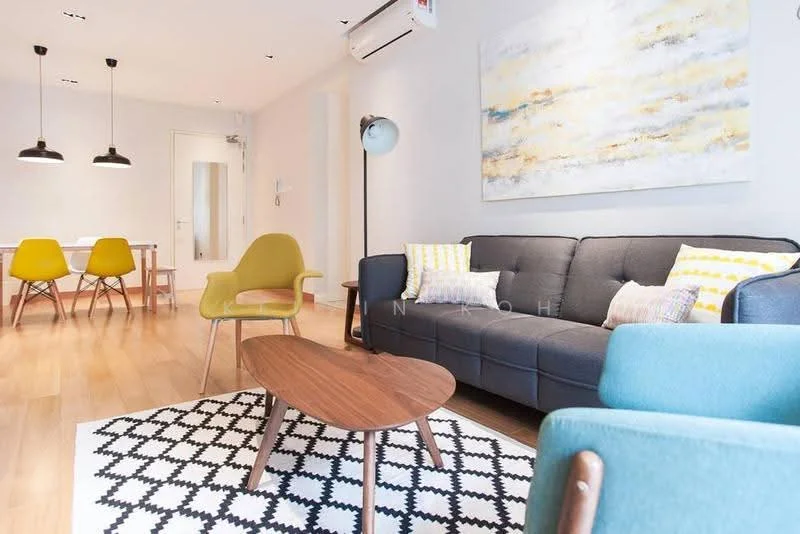 Living features: grey fabric sofa, wood coffee table, black and white geometric area rug, green accent chair, yellow dining chairs, wall-mounted air conditioning unit, abstract wall art, recessed ceiling lights; style: modern.