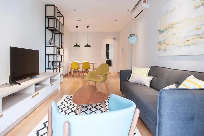 Living features: grey fabric sofa, wood coffee table, black and white geometric area rug, wall-mounted TV, light wood TV console, green accent chair, blue accent chair, 3 pendant lights, air conditioning unit, decorative wall art; style: modern.