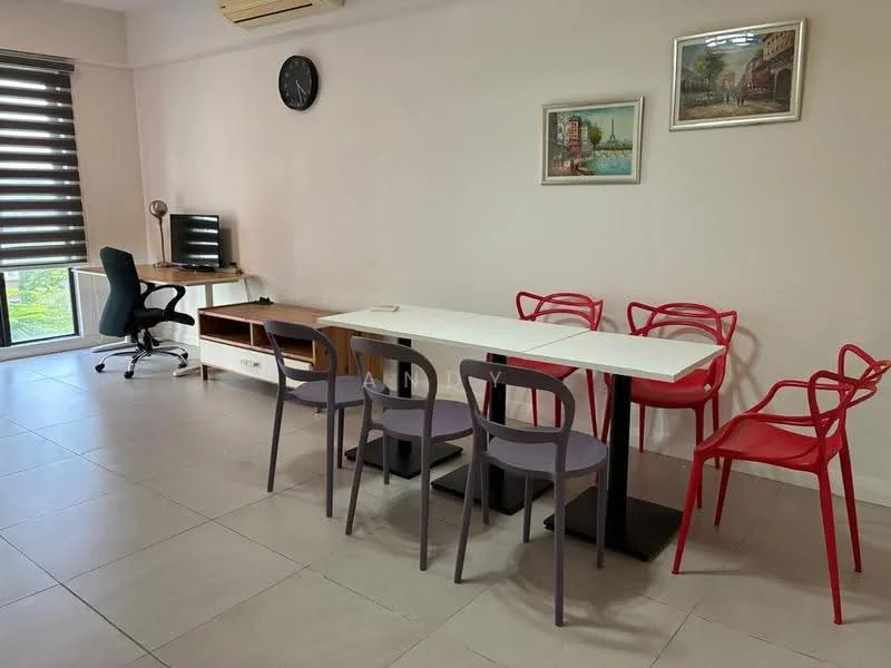 Dining features: white rectangular dining table, 6 dining chairs in purple and red, grey tiled flooring, wall-mounted clock, framed artwork on walls, large window with roller blinds, TV console with TV, office chair, air conditioning unit on ceiling; style: modern; view: garden.