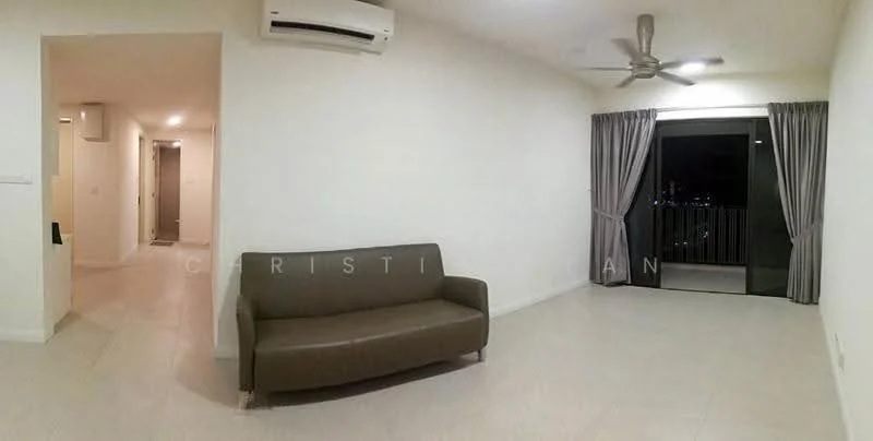 Living features: cream painted walls, tile flooring, 5-blade ceiling fan with light, wall-mounted split AC, floor-to-ceiling sliding glass door, curtains, sofa in brown, balcony view; style: modern; view: city. Room features: cream painted walls, tile flooring, light fixtures.