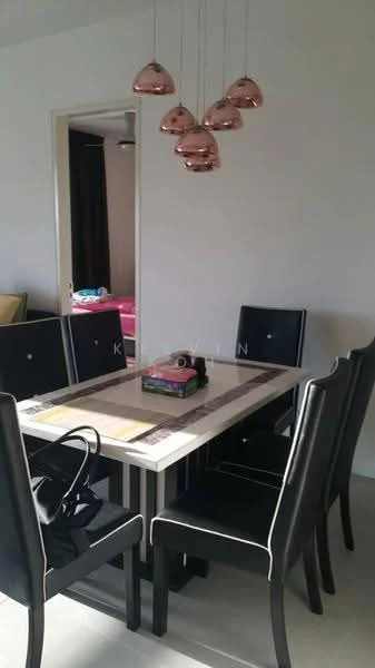 Dining features: 6-seater dining table, black leather dining chairs with white piping, marble tabletop, pendant lighting with copper shades, decorative centerpiece on table, neutral wall color, light-colored flooring, doorway leading to another room; style: modern.