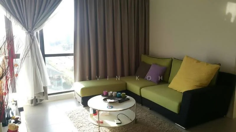 Living features: L-shape sectional sofa in green and black, round coffee table, area rug, floor-to-ceiling windows, curtains in light grey, decorative vases, wall-mounted decor, city view; style: modern; view: city.