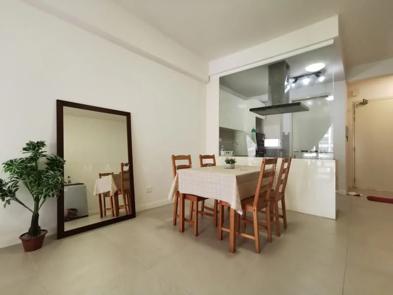 Dining features: wooden dining table, 4 wooden dining chairs, tablecloth, large mirror, indoor plant in pot, white painted walls, tile flooring, kitchen island with countertop, exhaust hood, recessed ceiling lights; style: modern. Room features: white painted walls, tile flooring, doorway.
