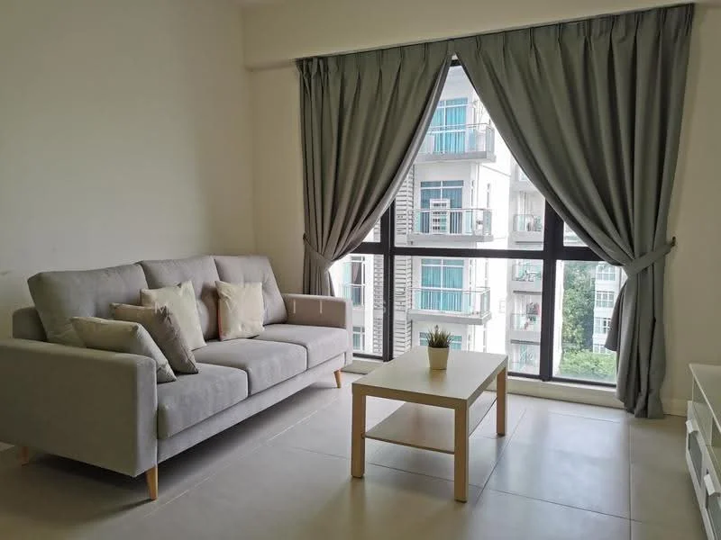 Living features: grey fabric sofa, 4 decorative cushions, light wood coffee table, floor-to-ceiling windows, sheer curtains, dark grey curtains, ceramic tile flooring, indoor plant in pot; style: modern; view: city.