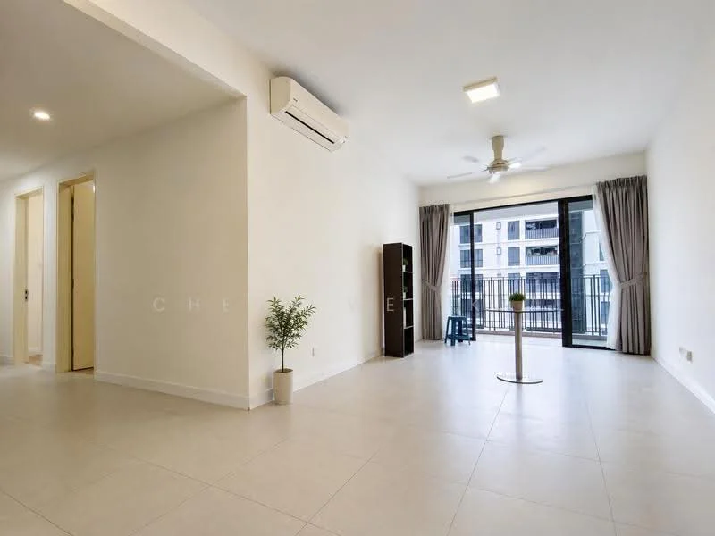 Living features: white painted walls, tile flooring, 5-blade ceiling fan with light, wall-mounted split AC, floor-to-ceiling windows, sliding glass door, curtains, decorative plant in pot, open space layout, neutral color scheme, light fixture in ceiling; style: modern. Room features: doorway leading to hallway, light-colored walls, tile flooring.