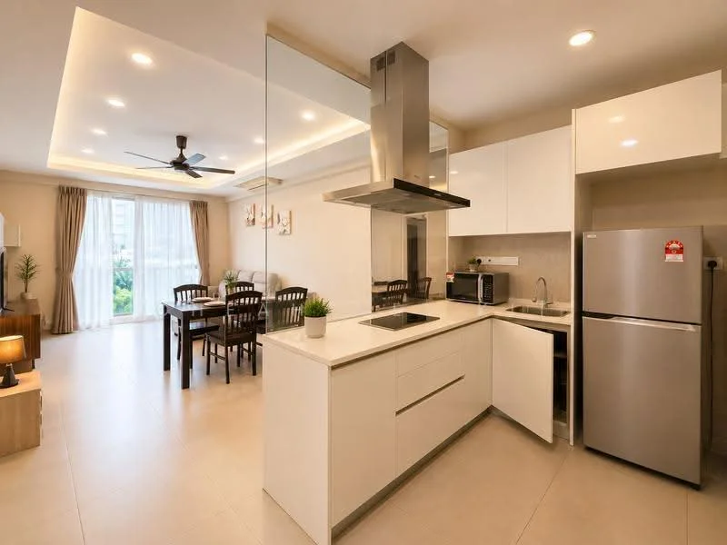 Kitchen features: white cabinetry, quartz countertop, stainless-steel sink, chrome pull-down faucet, built-in oven, freestanding range oven, microwave, stainless-steel fridge, island with seating, recessed downlights, 5-blade ceiling fan, tile flooring; style: modern; view: garden. Dining features: 6-seater dining table, wooden dining chairs, decorative wall art, area rug, natural light from windows; style: modern; view: garden. Living features: sofa seating, coffee table, TV console, natural light from windows, curtains, area rug; style: modern; view: garden.