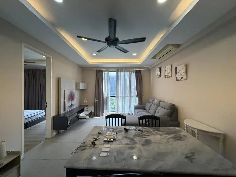 Living features: 5-blade ceiling fan with integrated LED light, sofa in grey fabric, coffee table with marble top, TV console, wall-mounted TV, floor-to-ceiling windows with sheer curtains, recessed lighting, light-coloured walls, tile flooring, decorative wall art; style: modern; view: garden. Room features: doorway leading to another room, curtains, light-coloured walls, tile flooring.