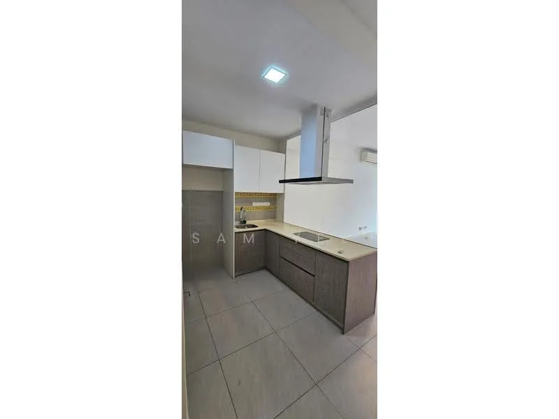 Kitchen features: L-shaped kitchen layout, white cabinetry, wooden lower cabinets, stainless-steel sink, chrome pull-down faucet, granite countertop, tile backsplash, built-in oven, induction cooktop, exhaust hood, grey tile flooring, recessed downlights; style: modern.
