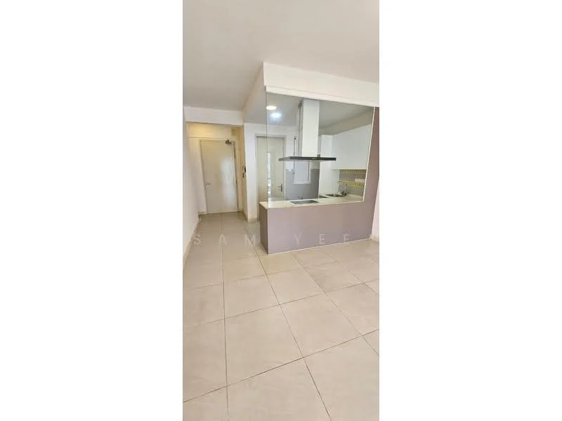 Kitchen features: white painted walls, cream tiled flooring, kitchen island, stainless-steel range hood, built-in cooktop, open layout, recessed lighting, wall-mounted cabinets; style: modern.