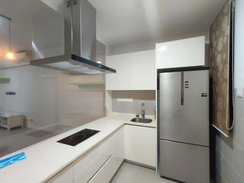 Kitchen features: white cabinetry, stainless-steel fridge, built-in oven, 4-zone induction hob, single-bowl stainless-steel sink, chrome pull-down faucet, white countertop, grey tile backsplash, recessed downlights, exhaust hood, open shelving, grey tile flooring; style: modern.