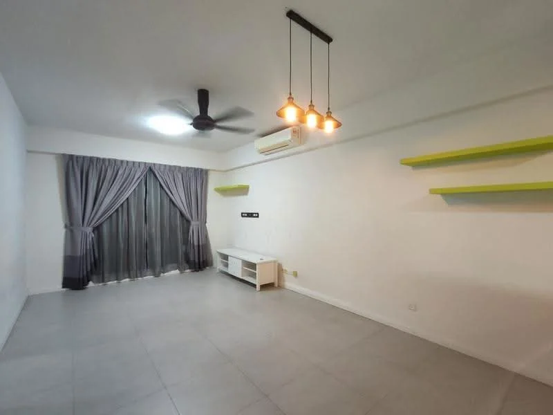 Living features: grey tiled flooring, white painted walls, 5-blade ceiling fan, recessed LED downlights, 3 pendant lights, floor-to-ceiling windows with sheer curtains, air conditioning unit, white TV console, green floating shelves; style: modern.