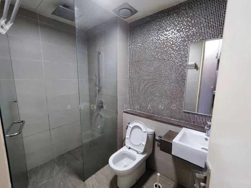 Bathroom features: walk-in shower with glass enclosure, rain shower head, handheld shower, single-sink vanity with wall-mounted faucet, framed mirror, one-piece toilet, grey tiled walls, mosaic tile accent wall, grey floor tiles, chrome towel rail, recessed lighting; style: modern.