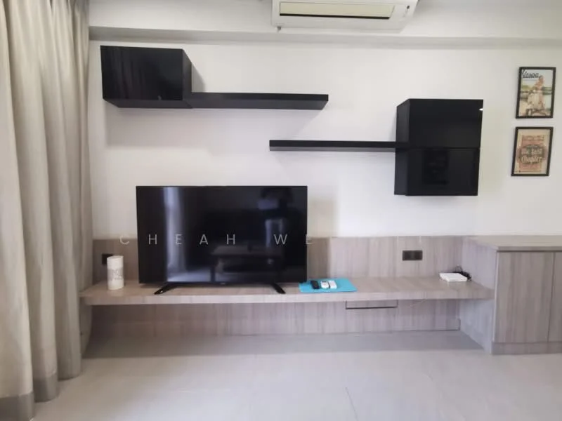 Living features: wall-mounted TV, floating black shelves, light wood media console, grey tiled flooring, curtains, air conditioning unit, framed artwork on walls, decorative items on console; style: modern.