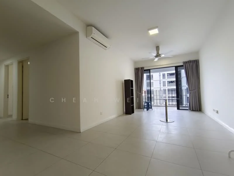 Living features: light-colored tiled flooring, white painted walls, 5-blade ceiling fan, wall-mounted air conditioning unit, floor-to-ceiling sliding glass door, curtains, TV console, balcony view; style: modern; view: city. Room features: light-colored tiled flooring, white painted walls, doorway leading to another room.