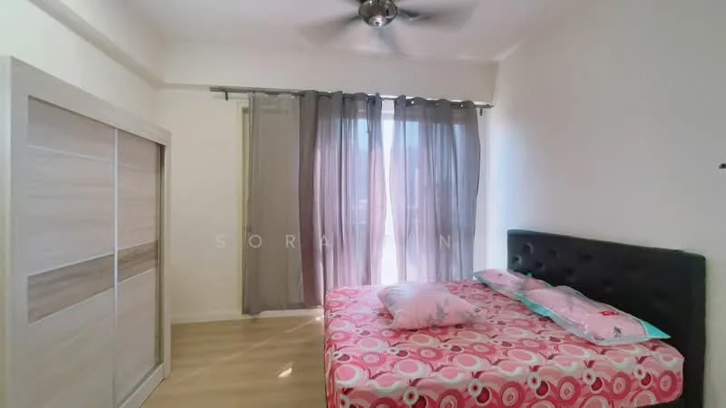 Bedroom features: queen-size bed with pink floral bedding, upholstered black headboard, light wood flooring, white painted walls, floor-to-ceiling windows with sheer curtains, ceiling fan, built-in wardrobe with sliding doors, decorative pillows; style: modern.
