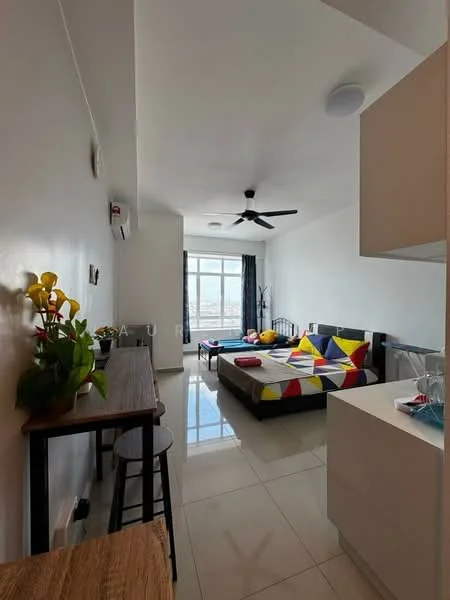 Room features: white painted walls, glossy tile flooring, 5-blade ceiling fan, floor-to-ceiling windows, black bed frame, colorful geometric patterned bedding, black and white curtains, small dining table with two stools, decorative plants on table, wall-mounted air conditioning unit, light fixture on ceiling; style: modern; view: city.
