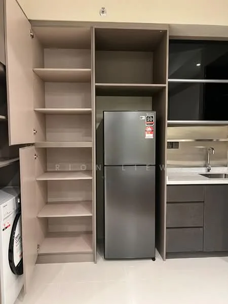 Kitchen features: built-in cabinets with open shelving, stainless-steel fridge, white ceramic tile backsplash, grey laminate countertop, single-bowl stainless-steel sink, chrome pull-down faucet, built-in washing machine, white tiled flooring; style: modern.