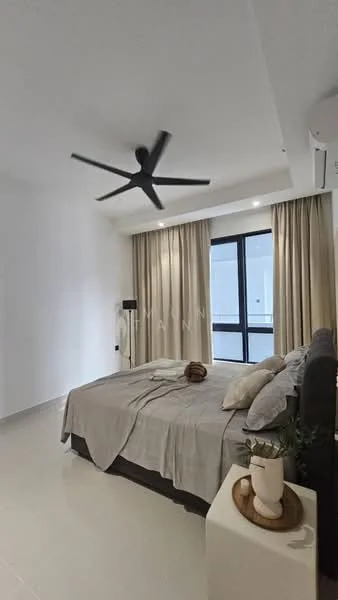 Bedroom features: king-size bed, upholstered headboard, bedside table, decorative vase, 5-blade ceiling fan, floor-to-ceiling window, sheer curtains, light-colored bedding, neutral wall color, tile flooring, wall-mounted air conditioning unit; style: modern.