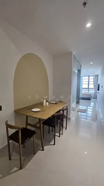 Dining features: wood dining table, 4 dining chairs, white painted walls, glossy tile flooring, arched wall feature, natural light from window, minimalist decor; style: modern. Room features: white painted walls, glossy tile flooring, natural light from window.