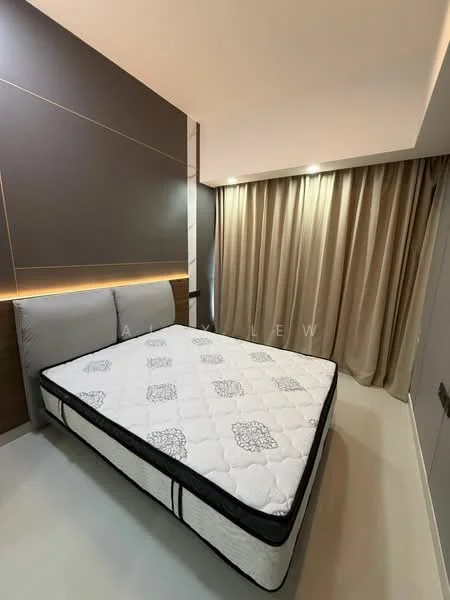 Bedroom features: queen-size bed, upholstered headboard, grey bedding, wood panel accent wall, cream curtains, recessed downlights, light-colored flooring, decorative wall lighting; style: modern.
