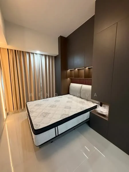 Bedroom features: queen-size bed, upholstered headboard, built-in bedside shelves, white bedding with patterned design, floor-to-ceiling windows, sheer curtains, cream curtains, glossy tile flooring, accent wall in dark color, recessed lighting; style: modern.
