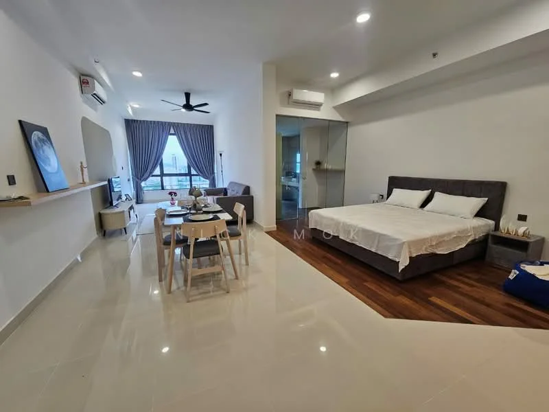 Living features: 5-blade ceiling fan with light, wall-mounted split AC, floor-to-ceiling windows, grey upholstered bed, wooden flooring, white painted walls, recessed downlights, sofa, coffee table, dining table with chairs, decorative wall art; style: modern; view: city.