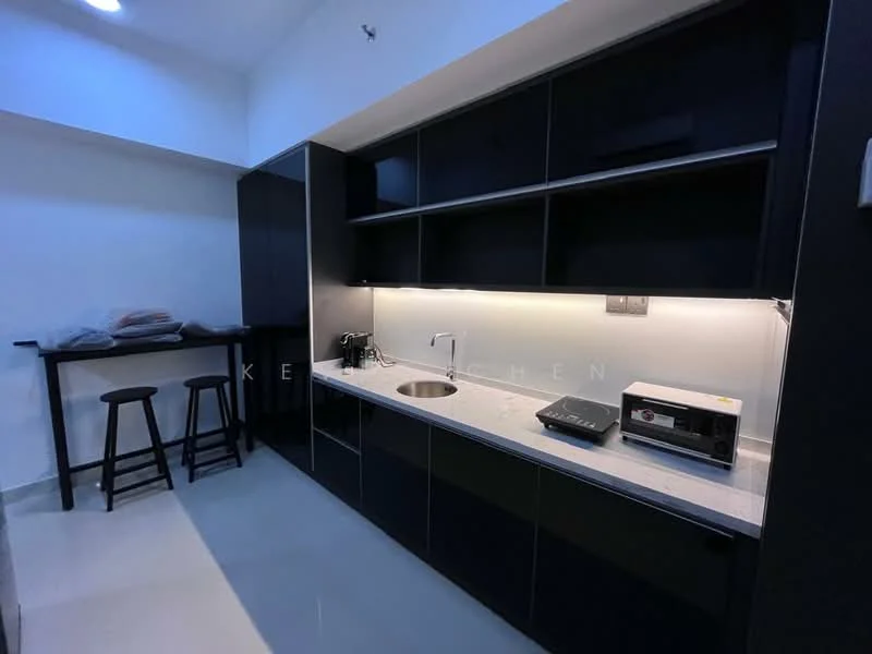 Kitchen features: black cabinetry, white countertop, single-bowl stainless-steel sink, chrome pull-down faucet, built-in microwave, kitchen island with bar stools, under-cabinet lighting, ceramic tile flooring, recessed downlights; style: modern.