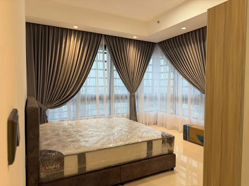 Bedroom features: king-size bed, upholstered headboard, floor-to-ceiling windows, sheer curtains, blackout curtains, wooden flooring, recessed downlights, decorative wall, box for storage, neutral wall color, modern design; style: modern; view: city.