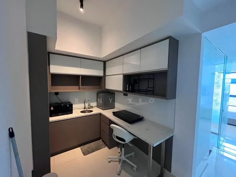 Kitchen features: white and grey cabinetry, marble countertop, single-bowl stainless-steel sink, chrome pull-down faucet, built-in microwave, black coffee machine, black countertop, white swivel chair, recessed downlights, grey rug; style: modern.