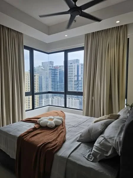 Bedroom features: king-size bed, upholstered headboard, grey bedding, decorative throw blanket in rust color, floor-to-ceiling windows, sheer curtains, city skyline view, ceiling fan, recessed downlights, nightstand with decorative items; style: modern; view: city.