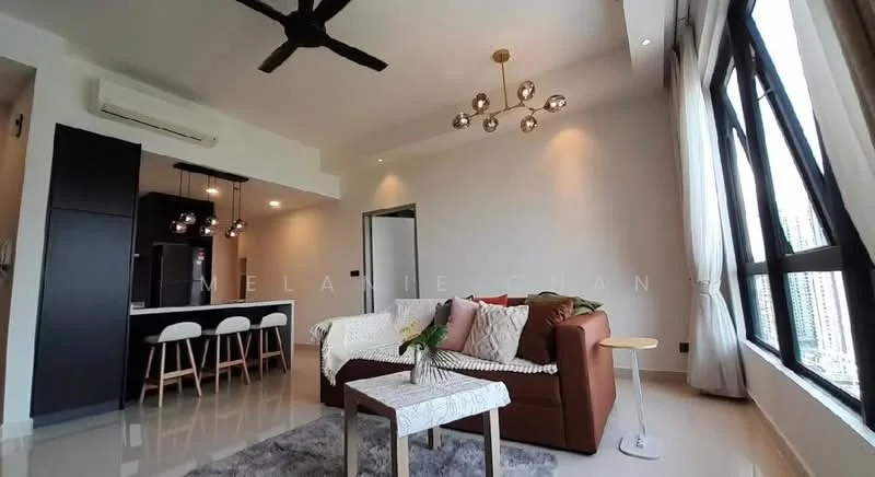 Living features: 3-seater brown leather sofa, decorative throw pillows, coffee table with white tablecloth, area rug with grey pattern, chandelier with multiple bulbs, 5-blade ceiling fan, floor-to-ceiling windows, sheer curtains, wall-mounted air conditioning unit, light-colored walls, recessed lighting, open-plan layout to kitchen, wooden flooring; style: modern; view: city. Kitchen features: kitchen island with bar stools, black cabinetry, pendant lights above island, stainless-steel appliances, open shelving, white countertops; style: modern.