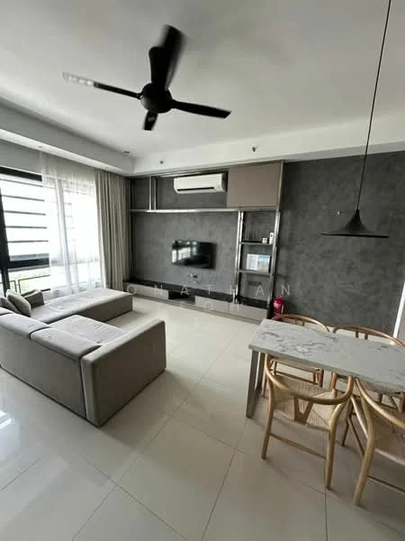 Living features: L-shape sectional sofa in light grey, coffee table, wall-mounted TV, TV console, recessed downlights, 5-blade ceiling fan, floor-to-ceiling windows with sheer curtains, marble flooring, grey accent wall, air conditioning unit, dining table with marble top and wooden chairs; style: modern; view: city.