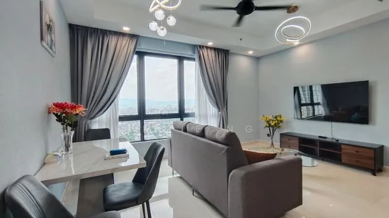 Living features: grey fabric sofa, coffee table, wall-mounted TV, TV console with storage, floor-to-ceiling windows, sheer curtains, recessed downlights, ceiling fan, decorative light fixture, area rug, decorative plants in vases, neutral painted walls, marble flooring; style: modern; view: city. Dining features: white dining table, upholstered dining chairs, decorative flowers in vase; style: modern; view: city.