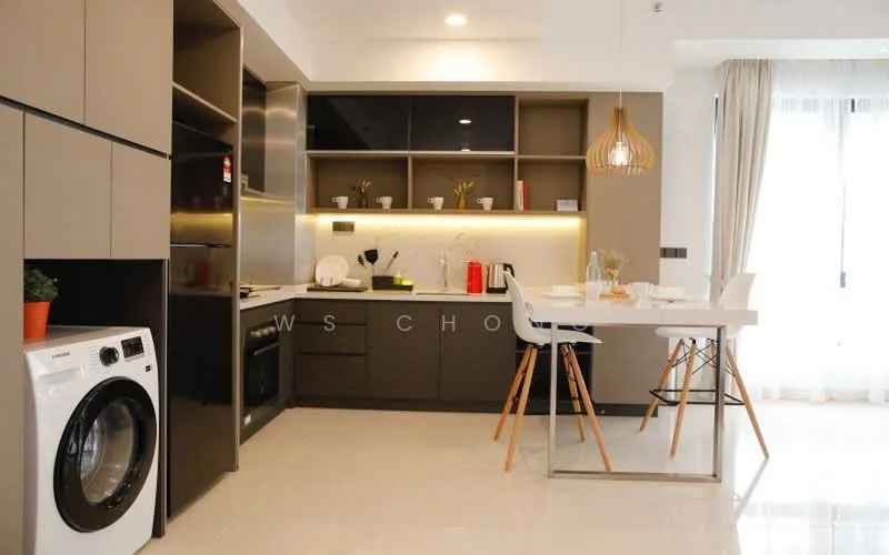 Kitchen features: white cabinets, grey cabinets, marble countertop, stainless-steel sink, chrome pull-down faucet, built-in oven, freestanding range oven, microwave, dishwasher, refrigerator, pendant light, open shelving, bar stools, washing machine, tile flooring; style: modern.