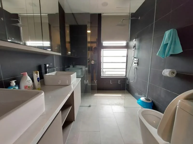 Bathroom features: double-sink vanity with white cabinet, large mirror above vanity, glass shower enclosure, rain shower head, handheld shower, white toilet, towel rack, grey tile flooring, dark wall tiles, window with horizontal slats, blue bath mat, soap dispenser, toilet paper holder; style: modern.