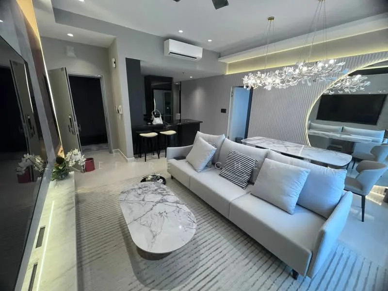 Living features: 3-seater fabric sofa in light grey, marble coffee table, area rug with striped pattern, wall-mounted TV, recessed LED downlights, chandelier with multiple bulbs, decorative mirror, ceiling fan, built-in cabinetry, sliding glass door, floor-to-ceiling windows, dining area with round table and upholstered chairs; style: modern.
