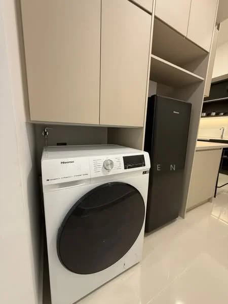 Laundry features: front-load washing machine in white, black refrigerator, light beige cabinetry, smooth white countertop, glossy tile flooring, built-in storage shelves; style: modern.