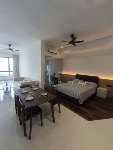 Living features: floor-to-ceiling windows, 2 ceiling fans, white painted walls, marble flooring, wood flooring, sofa, dining table with 4 chairs, bed with upholstered headboard, built-in wardrobe, LED strip lighting, decorative wall paneling; style: modern; view: city.