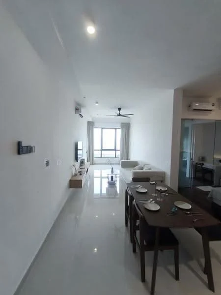 Living features: white painted walls, polished ceramic tile flooring, 5-blade ceiling fan with light, recessed downlights, floor-to-ceiling windows, sheer curtains, wall-mounted TV, sofa in white fabric, coffee table, dining table with 4 chairs, decorative items on table; style: modern; view: city.