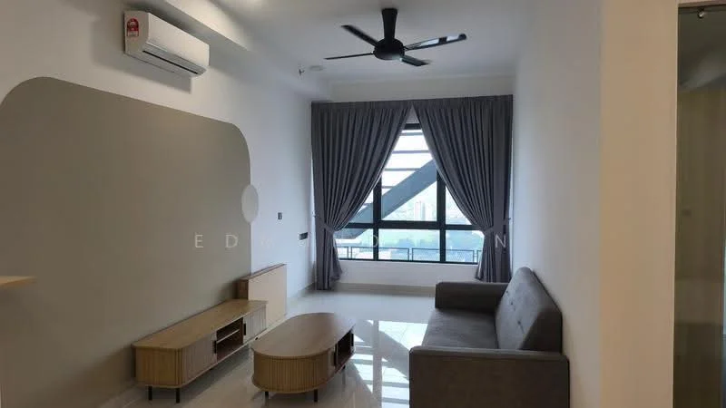 Living features: grey fabric sofa, wooden coffee table, TV console, floor-to-ceiling windows, sheer curtains, 5-blade ceiling fan, wall-mounted split AC, cream painted walls, glossy tile flooring, decorative wall panel, natural light from window; style: modern; view: city.