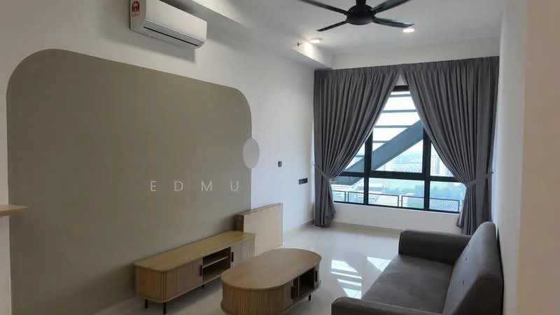 Living features: grey fabric sofa, wooden coffee table, wooden TV console, floor-to-ceiling windows, sheer curtains, recessed downlights, 5-blade ceiling fan, wall-mounted split AC, white painted walls, cream accent wall, glossy tile flooring; style: modern; view: city.