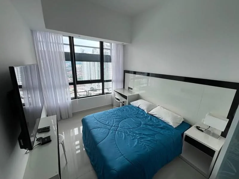 Bedroom features: king-size bed with blue bedding, white headboard, two bedside lamps, white bedside tables, wall-mounted TV, large floor-to-ceiling windows, sheer white curtains, glossy white tiled flooring, built-in wardrobe, decorative wall paneling; style: modern; view: city.