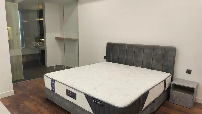 Bedroom features: king-size bed with grey upholstered headboard, white mattress, wooden flooring, nightstand with drawer, glass partition wall, built-in wardrobe with mirror, recessed lighting, neutral painted walls; style: modern.