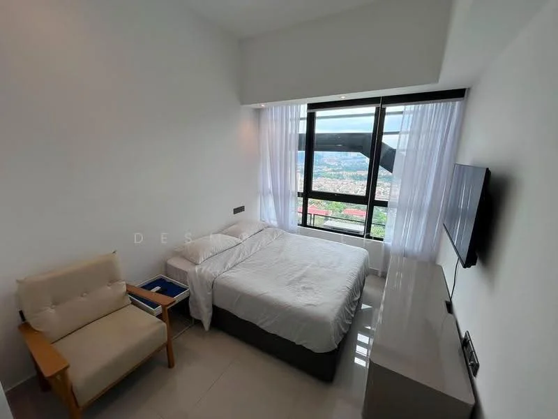 Bedroom features: king-size bed with white bedding, upholstered headboard, floor-to-ceiling windows, city view, wall-mounted TV, light-colored walls, tile flooring, sheer curtains, armchair in light fabric, nightstand, built-in wardrobe; style: modern; view: city.